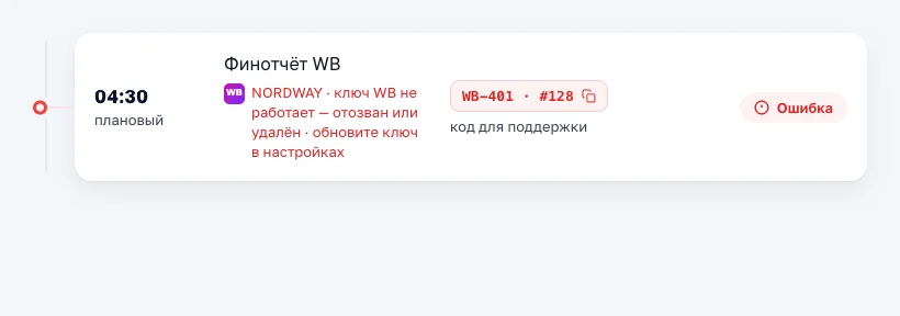 Красная карточка ошибки импорта WB-401 с причиной и чипом «код для поддержки»