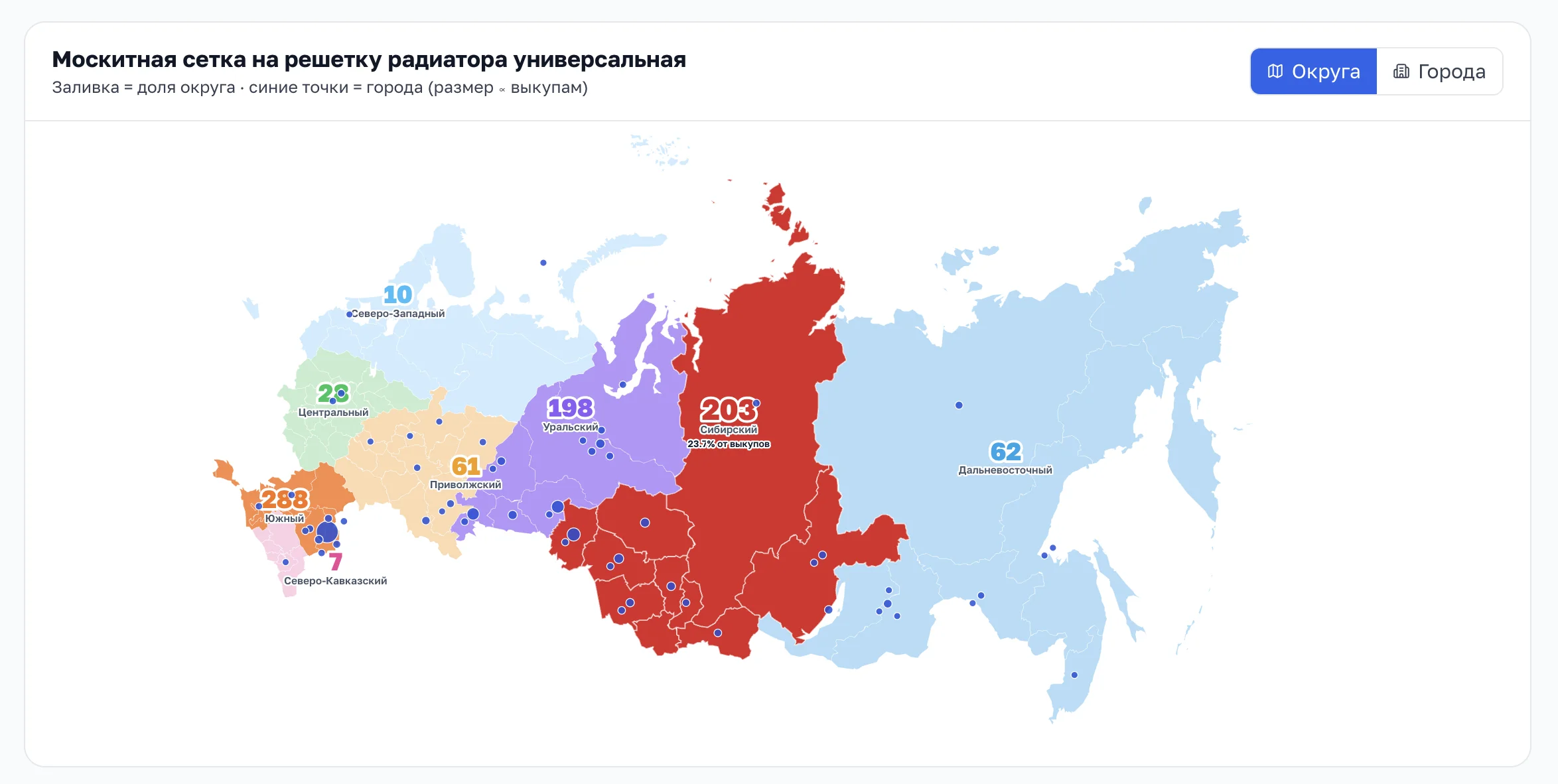 География заказов, режим «Округа»: заливка округов и точки городов
