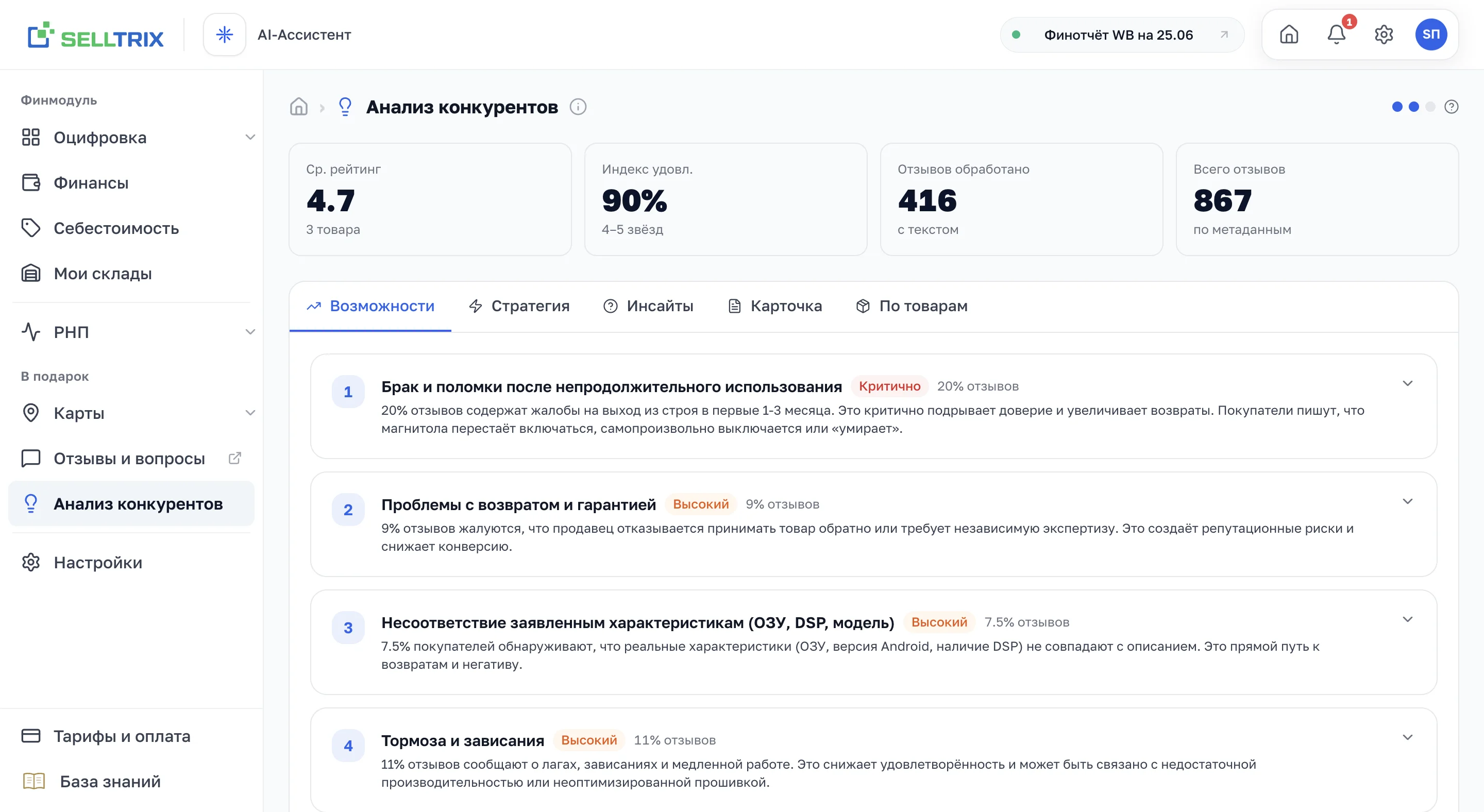 Вкладка «Возможности»: проблемы ниши с уровнем критичности и долей отзывов