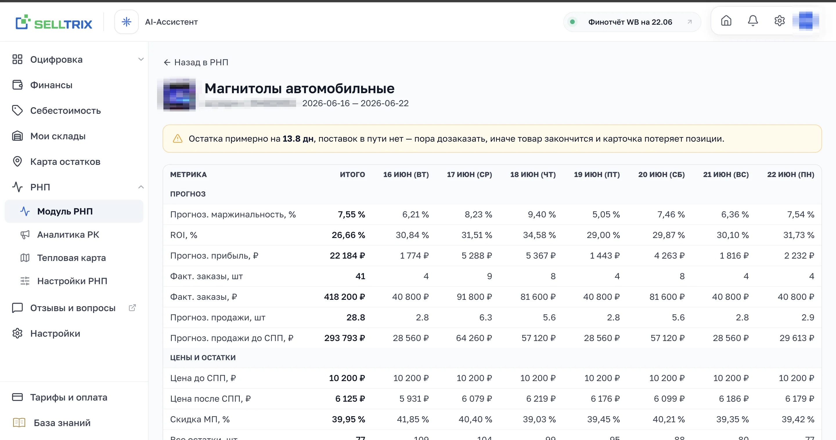Карточка артикула РНП: метрики по дням по одному товару с группами показателей