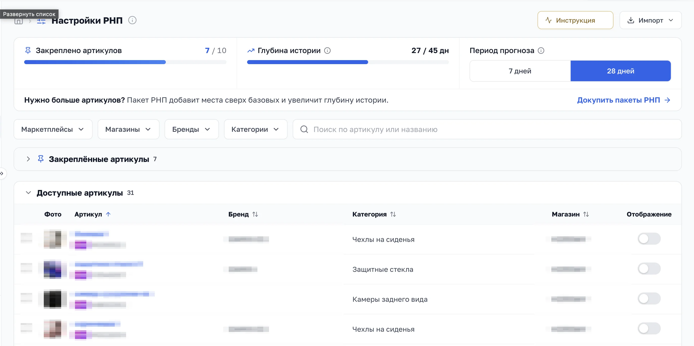 Настройки РНП: список товаров с тумблерами, счётчик закреплённых, период прогноза и фильтры