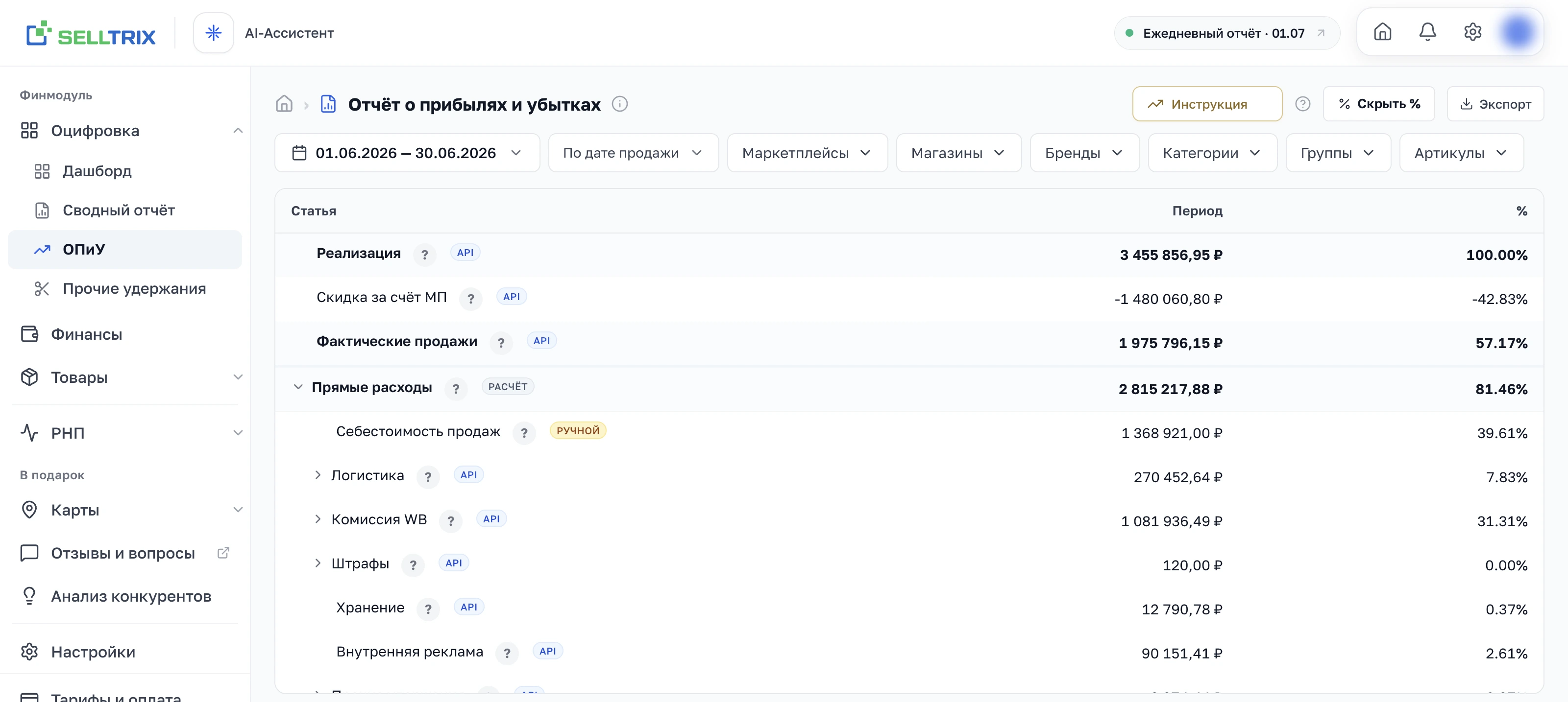 Отчёт ОПиУ в SELLTRIX: реализация, себестоимость, логистика и комиссия WB отдельными строками