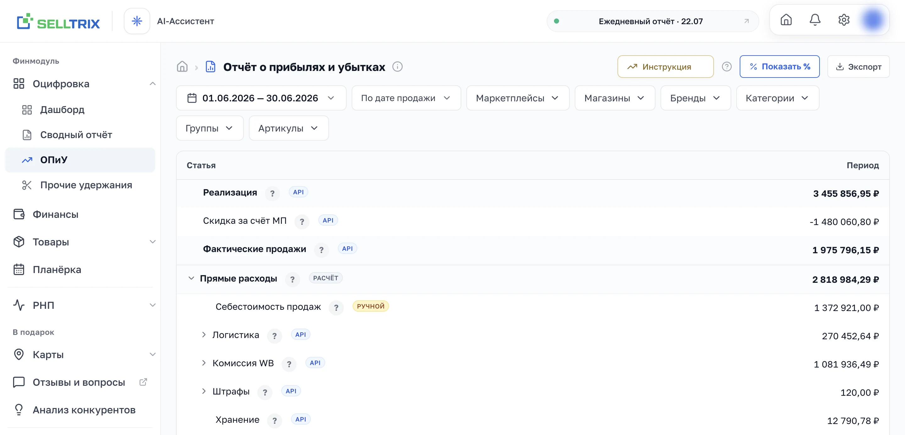 ОПиУ в SELLTRIX: реализация, комиссия WB, логистика и налоги разложены по строкам